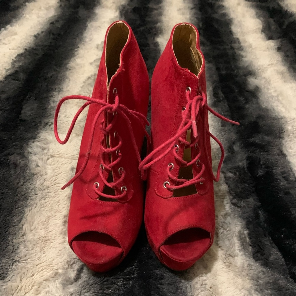 Red, lace up heels